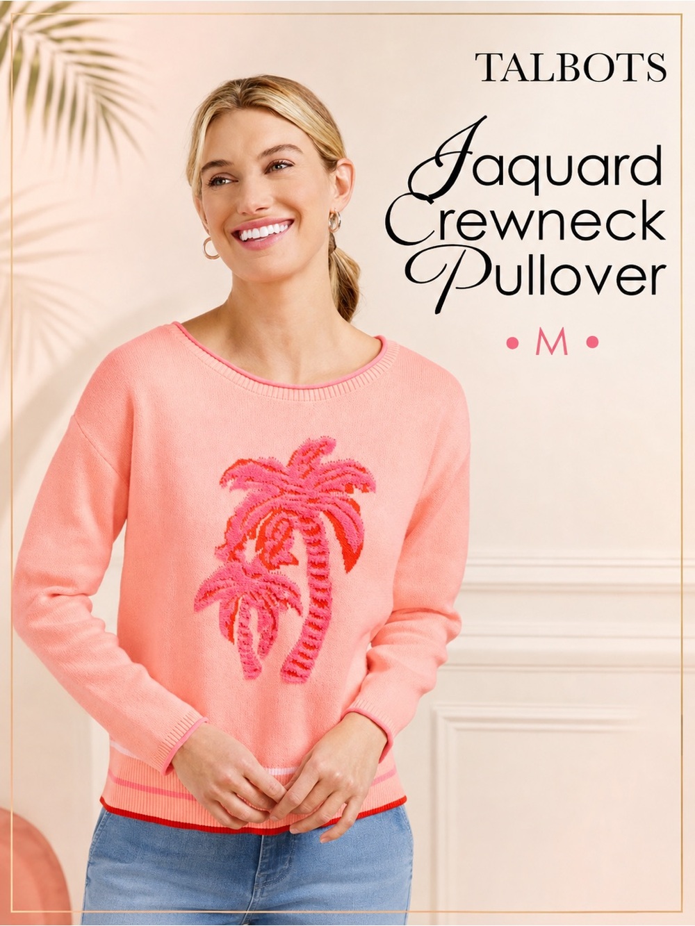 Talbots Coral Palm Tree Jacquard Crewneck Pullover NEW